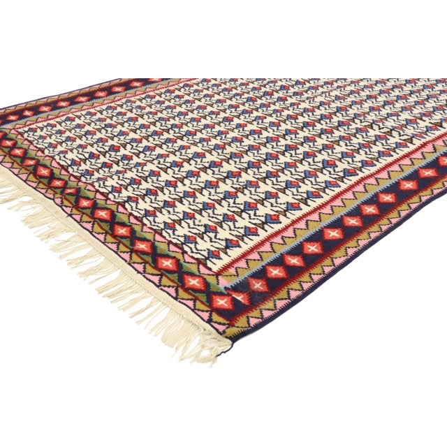 70497 Vintage Persian Senneh Sanadaj Kilim Rug with Relaxed Federal and Nautical Style 03'04 x 05'01. With rustic charm...