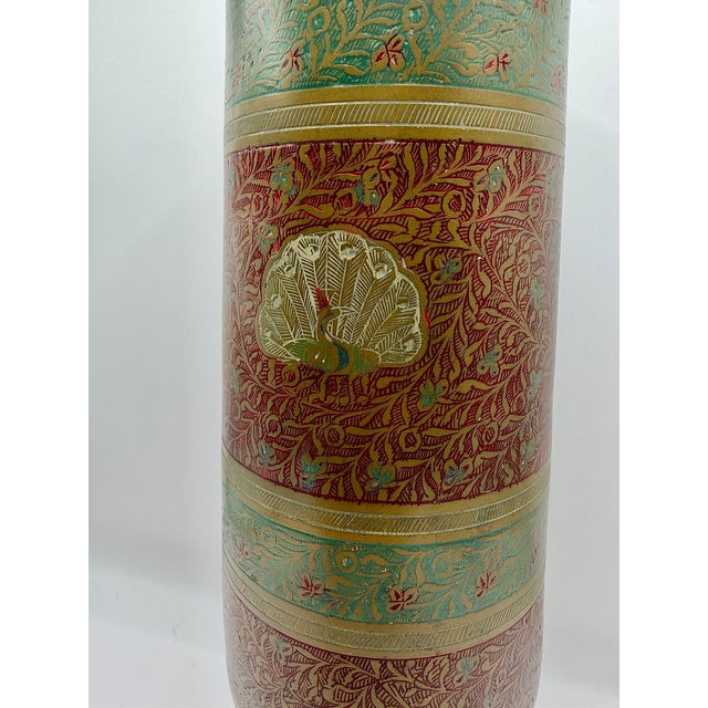 Vintage Indian Brass Peacock Vase, Etched Enamel Floral Vessel For Sale - Image 4 of 7