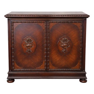 Vintage Baker Mahogany Entry Cabinet / Console With Carved Urn Doors and Interior Drawers For Sale