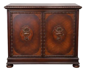 Vintage Baker Mahogany Entry Cabinet / Console With Carved Urn Doors and Interior Drawers