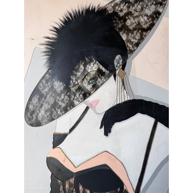 1980s Large 1980s Postmodern Art Deco Style Woman Portrait Acrylic on Canvas Painting – Signed For Sale - Image 5 of 16