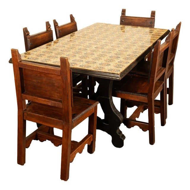 Antique Spanish Colonial Hacienda Walnut Talavera Tile Top Table Six Chairs 1890 For Sale In Portland, OR - Image 6 of 17
