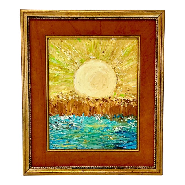 1970s Impressionist Abstract Sea & Sun Original Oil Painting, Framed & Unsigned For Sale
