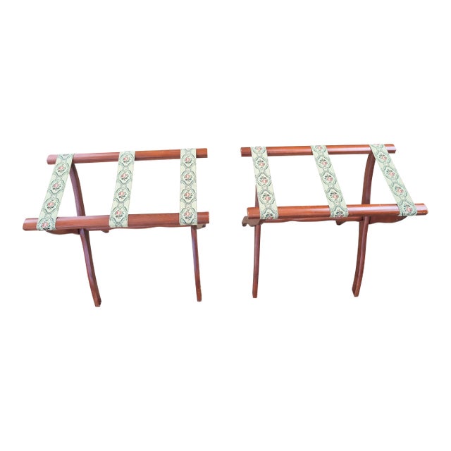 Vintage Scheibe Wooden Folding Luggage Racks With Floral Tapestry Straps - Pair For Sale