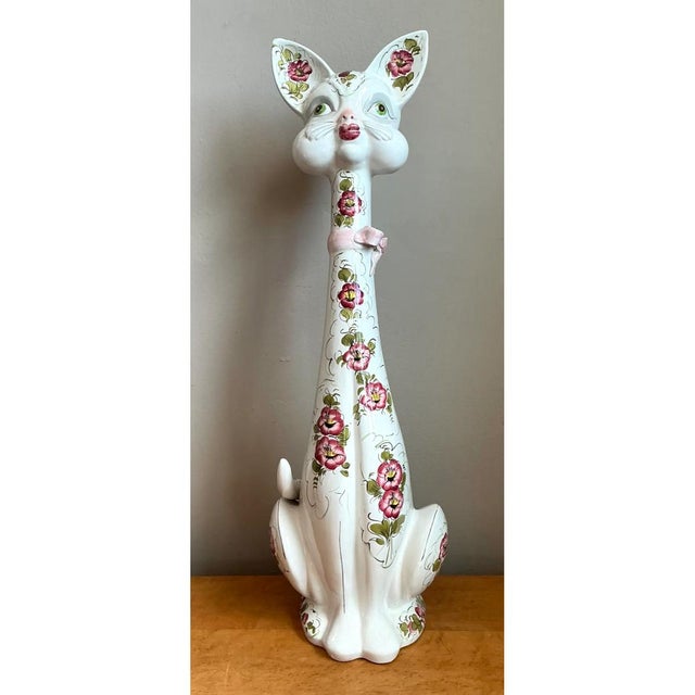 Vintage Italian Floral Hand-Painted Ceramic Cat For Sale In West Palm - Image 6 of 12