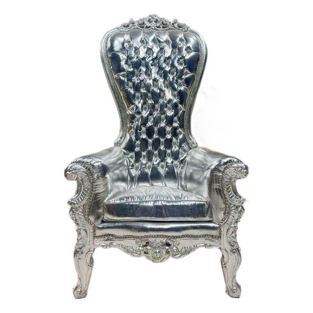 French Throne Chair – Silver Leather High-Back For Sale