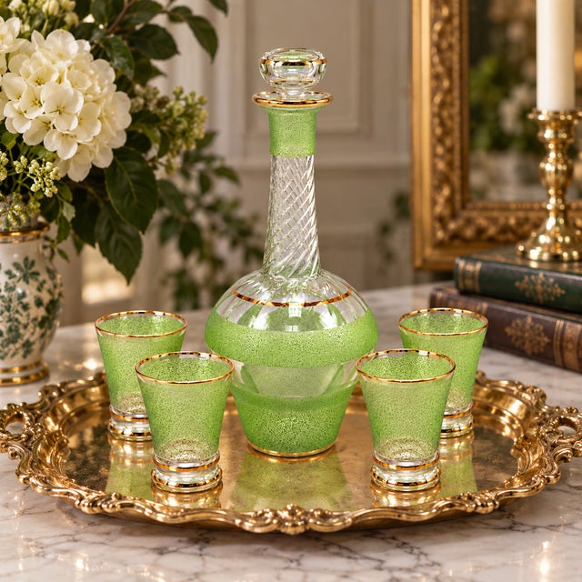 1950s Mid-Century Green Frosted Glass & Gold Gilt Decanter With 4 Cordial Glasses, 5-Piece Set For Sale - Image 5 of 5