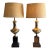 1970s Pair of Neoclassical Brass Urn Table Lamps on Wood Bases With Linen Shades in Style of Maison Jansen / James Mont For Sale