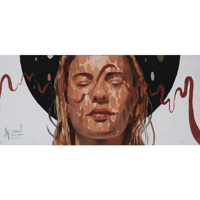 Common Thread 2 by Stefan Smit | Oil on Panel Portrait of a woman with closed eyes and abstract patterns For Sale