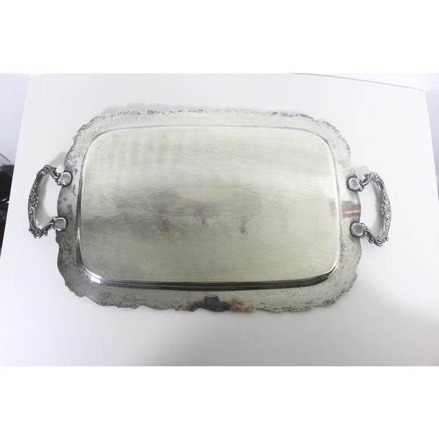 Silver Extra Large Butler’s Tray Silver Plated Rectangular Platter Vintage Plate Ornate Floral Handles Embossed Serving For Sale - Image 8 of 15