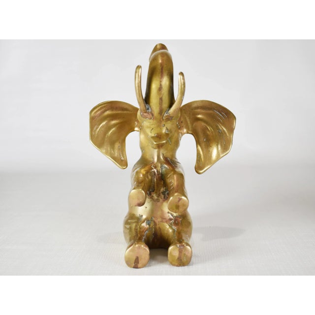 Metal Mid 20th Century Vintage Handmade Solid Brass Trunk Up Standing Sitting Proposal Couple Elephant Statue - a Pair For Sale - Image 7 of 12