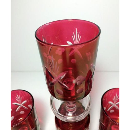 Vintage Cut to Clear Cranberry Bohemian Cordial Glasses Set of 4