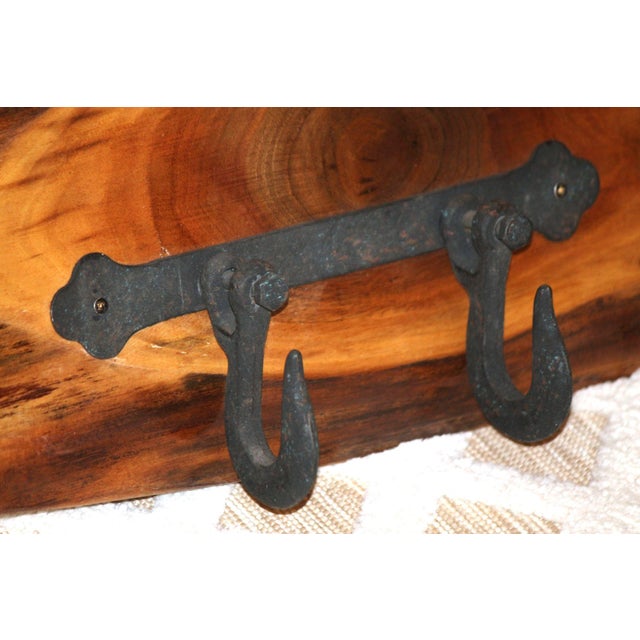 Farmhouse Handmade Raw Edge Wood Plank Coat Rack W/ 4 Large Cast Iron Hooks For Sale - Image 3 of 8