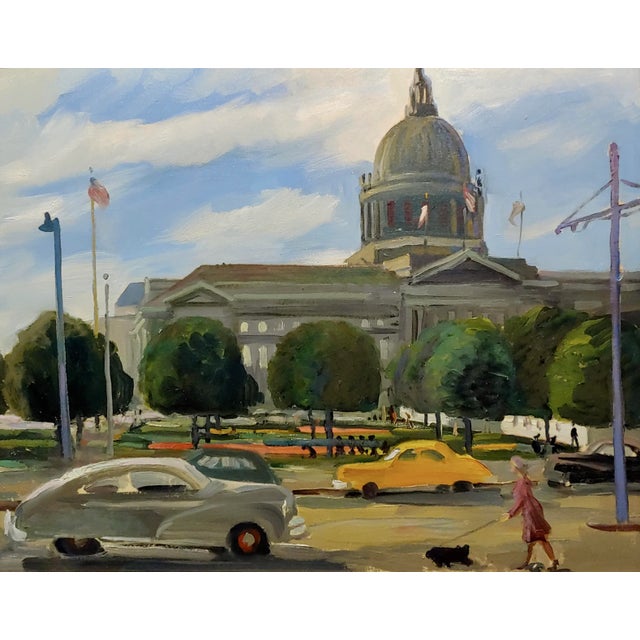 Victor Arnautoff -Woman Walking Her Dog in 1948 Downtown San Francisco-Oil Painting For Sale In Los Angeles - Image 6 of 11