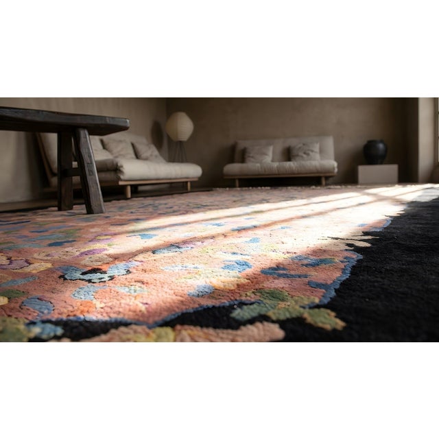 1930s Pink Rose Floral Antique Chinese Art Deco Rug 9'x 11' 8" Handknotted Wool Carpet For Sale - Image 9 of 9