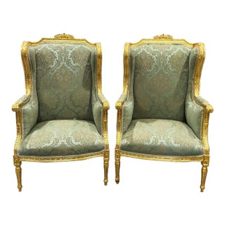 Green Bergere Chair French Louis XV Style - Set of 2 For Sale