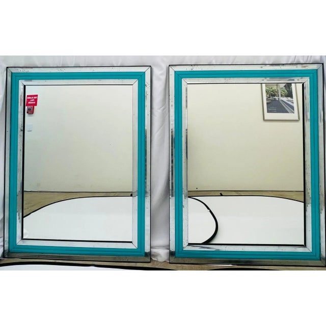 Art Deco Pair of Art Deco Wall, Mantle or Console Mirrors With Turquoise Beveled Frames For Sale - Image 3 of 9