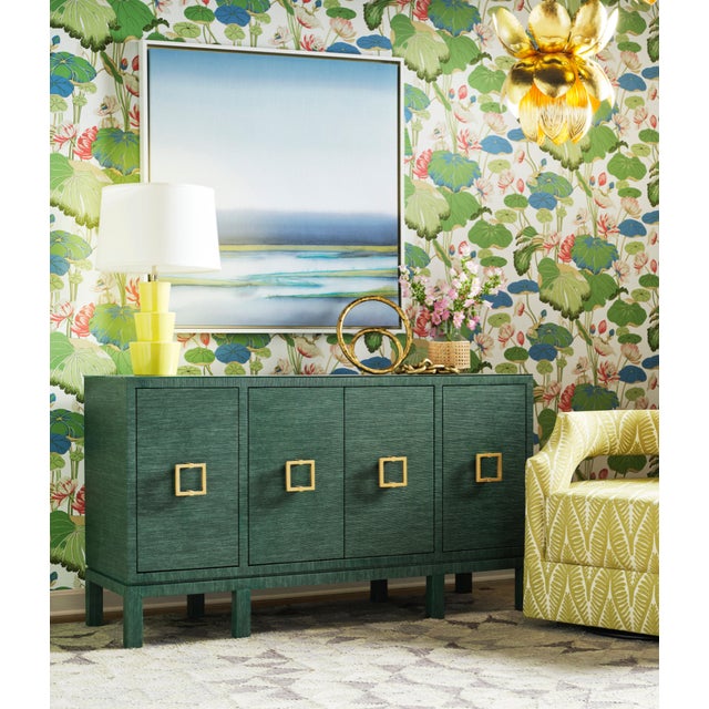 Matthew Izzo Home Effie Green Grasscloth Four Door Buffet With Glass Top and Square Brass Handles For Sale In New York - Image 6 of 6