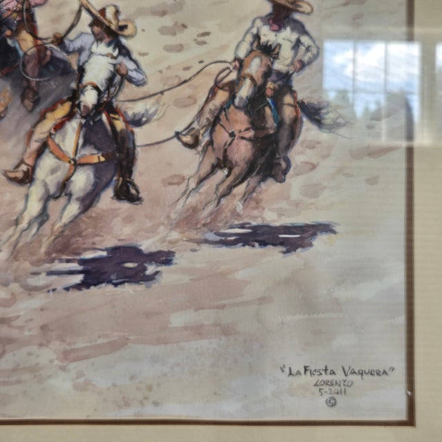 Lorenzo Castñeda 2011 "La Fiesta Vaquera" Framed Watercolor 39"w X 27"h Beautiful Western Piece For Sale - Image 14 of 18