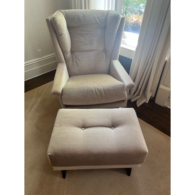 Vintage wingback lounge chair with matching custom ottoman, reupholstered in 2016 in an elegant Pollack fabric with subtle...