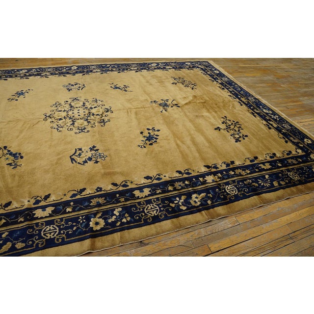Textile 1920s Beige Floral Deco Oriental Antique Peking Room Size Wool Knotted Rug For Sale - Image 7 of 10
