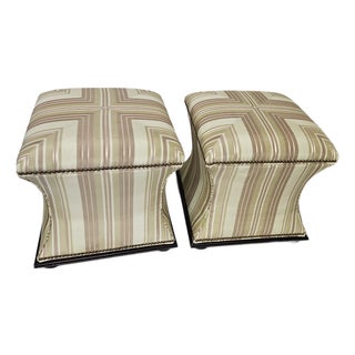 Square Silk Taffeta Upolstered Stools or Ottomans With Nailhead Trim on Tiny Bunn Feet - A Pair For Sale
