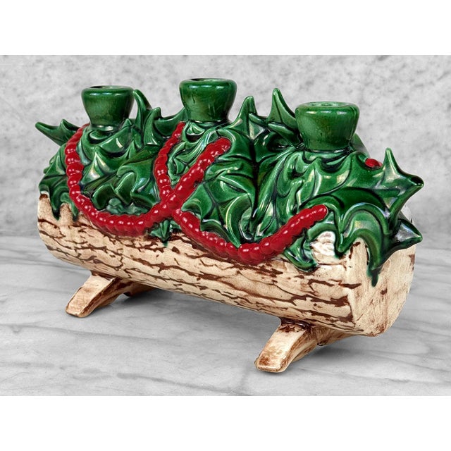 Mid-Century Modern Vintage 1960's Christmas Yule Log Ceramic Centerpiece Candlestick Holder For Sale - Image 3 of 11