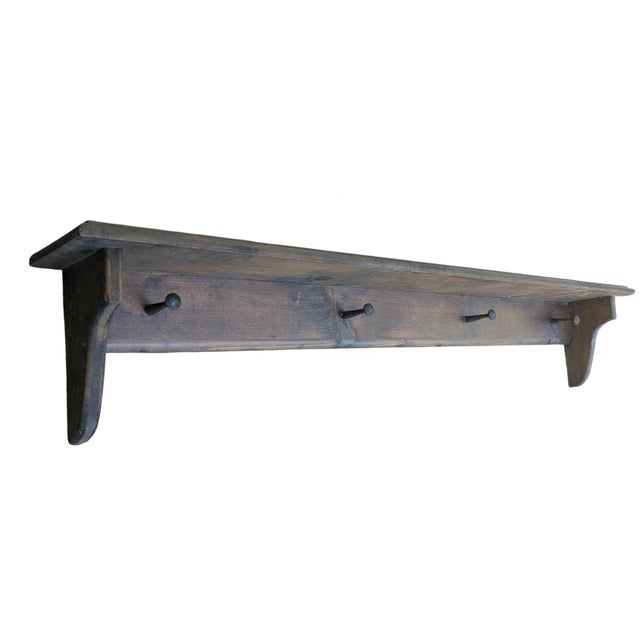 Vintage Farmhouse English Cottage Wooden Wall Shelf With Peg Hooks For Sale - Image 4 of 17
