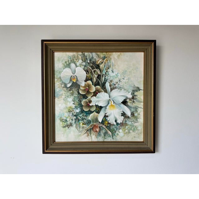 1970’s Vintage Tropical Botanical Orchid Landscape Oil on Canvas Painting, Framed For Sale - Image 11 of 12