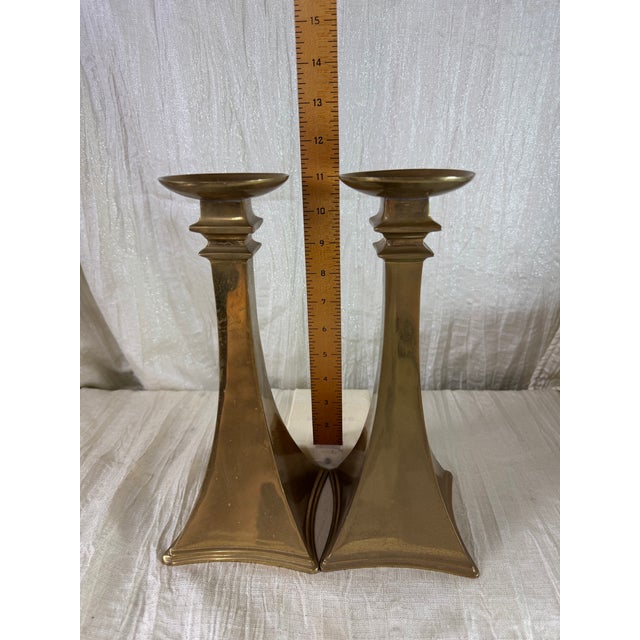 Mid-Century Modern Pair of Vintage Indian Brass Geometric Candlesticks 11” For Sale - Image 3 of 9