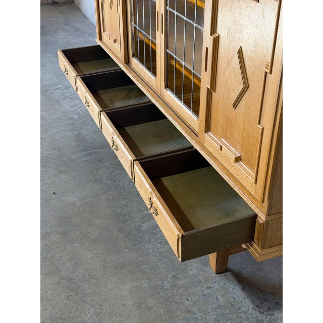 Brown In Style of Henning Kjærnulf Oak High Sideboard Credenza With Sliding Leaded Glass Doors Danish Mid-Century Modern 1970s For Sale - Image 8 of 11