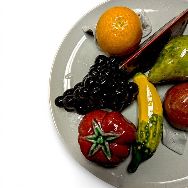 Mid-Century Modern 1950s Caldas Majolica, 3-D Ceramic Plate With Life-Like Fruits, Pottery Made in Portugal For Sale - Image 3 of 9