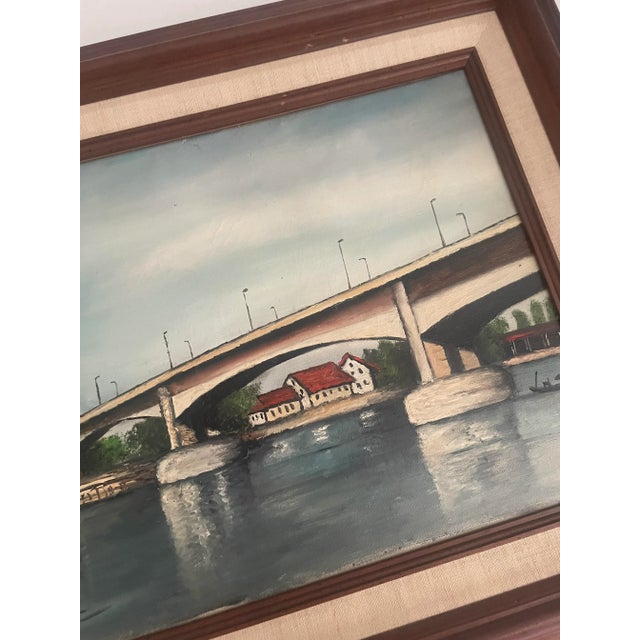 Rustic European Still Life Rhine River Bridge Framed Original Oil Painting For Sale - Image 9 of 12