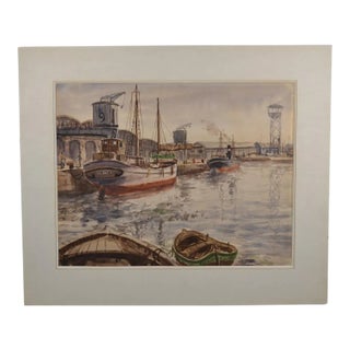 J. Villena (20th Century) “On the Port” Watercolor Signed For Sale