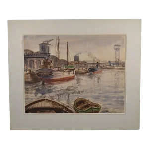 J. Villena (20th Century) “On the Port” Watercolor Signed