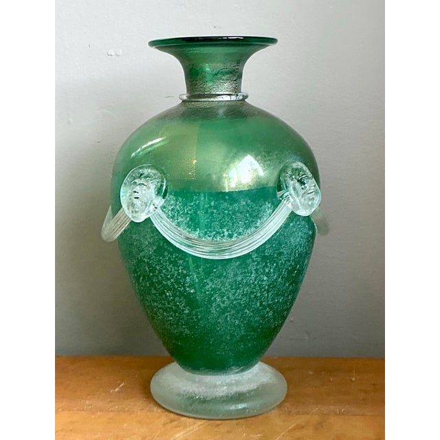Vintage Green Art Glass Vase With Relief Faces For Sale - Image 11 of 12
