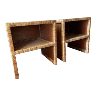 Vintage Rattan Wrapped Two Tier Nightstands - a Pair For Sale