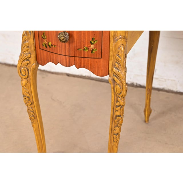 Romweber Style French Provincial Louis XV Carved Satinwood and Parcel Painted Kidney Shaped Vanity, Circa 1920s For Sale - Image 9 of 13