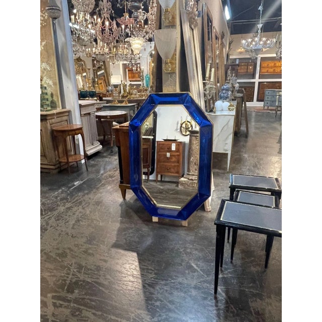 Metal Modern Heavy Cobalt Blue Murano Glass and Brass Octagonal Mirror For Sale - Image 7 of 8
