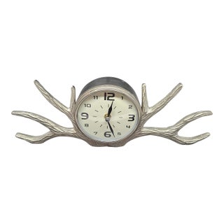 Vintage Silver Metal Antler Desk Clock Metal For Sale
