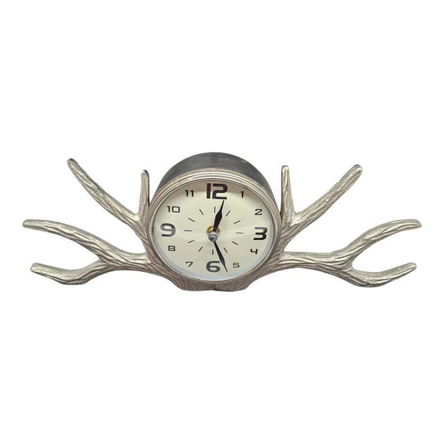 Vintage Silver Metal Antler Desk Clock Metal For Sale