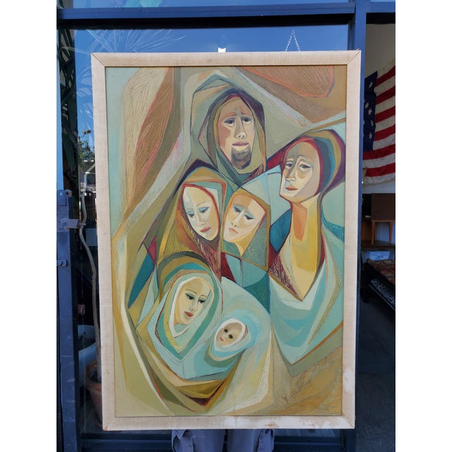 Light Yellow 1960s Nativity Scene Mid-Century Modern Oil Painting For Sale - Image 8 of 15