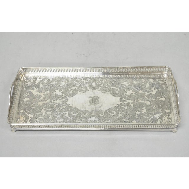 Wilcox Silver Plate Co. Antique Wilcox Victorian Engraved Narrow Silver Plated Trinket Dish "B" Monogram For Sale - Image 4 of 16