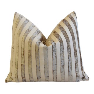 Tan & Cream French Velvet Striped Feather/Down Pillow 23" X 20" For Sale