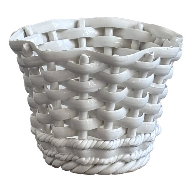 Mid-20th Century Italian Basketweave Ceramic Cachepot For Sale
