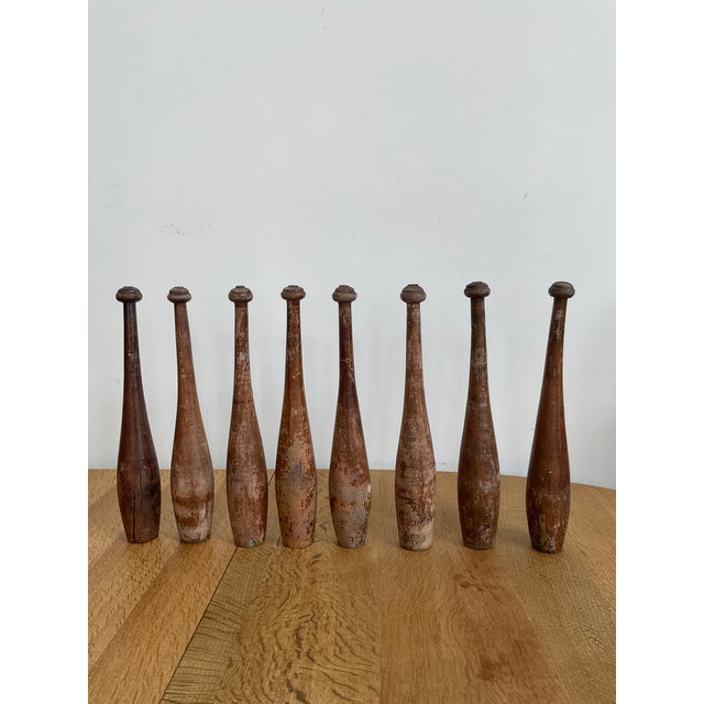 Wood Antique Hand Carved Indian Club Pins & Exercise Weights - Set of 8 For Sale - Image 7 of 15