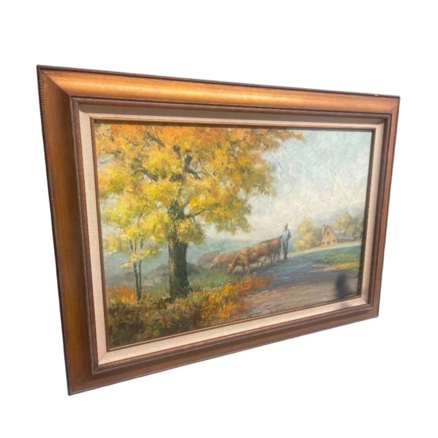 1970s A Vintage Painting-Autumn Pastoral: Herdsman on a Country Road For Sale - Image 5 of 12