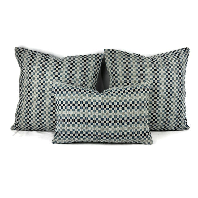 2020s Kravet Couture Vernazza in Indigo Lumbar Pillow Cover Gray Chenille With Blue and Light Blue Check For Sale - Image 5 of 5