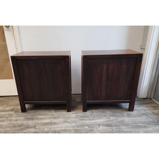 Vintage Chinese Elm Apothecary Nightstands / Bedside Cabinets - A Pair For Sale - Image 11 of 18