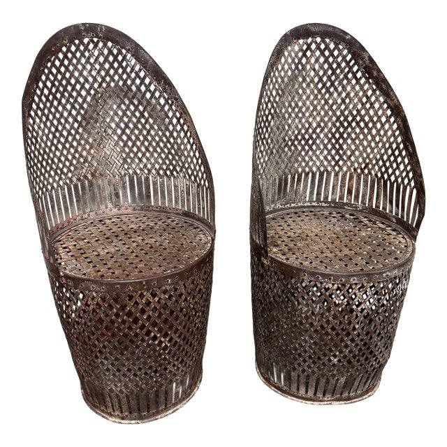 Rustic Industrial Metal Outdoor Chairs - A Pair For Sale